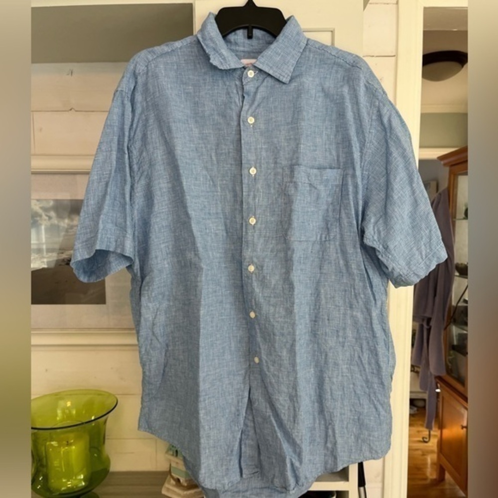 Brooks Brothers Linen Button Down Short Sleeve Shirt Large Blue & White Checked
